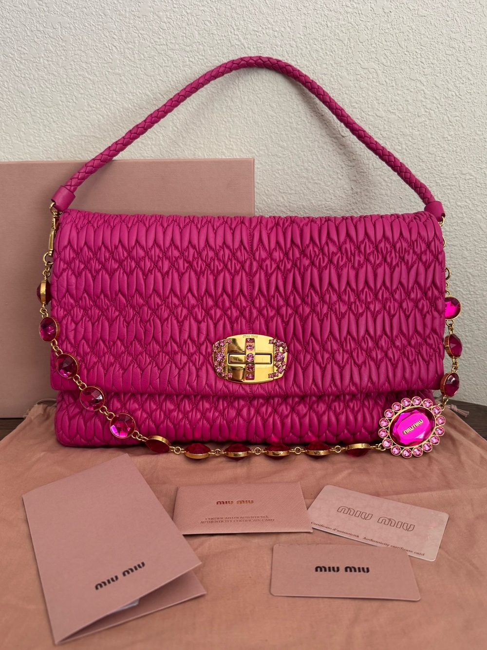 MIU MIU Large Lambskin Quilted Leather Shoulder Bag with Jeweled Crystal Chain - Picture 7 of 7